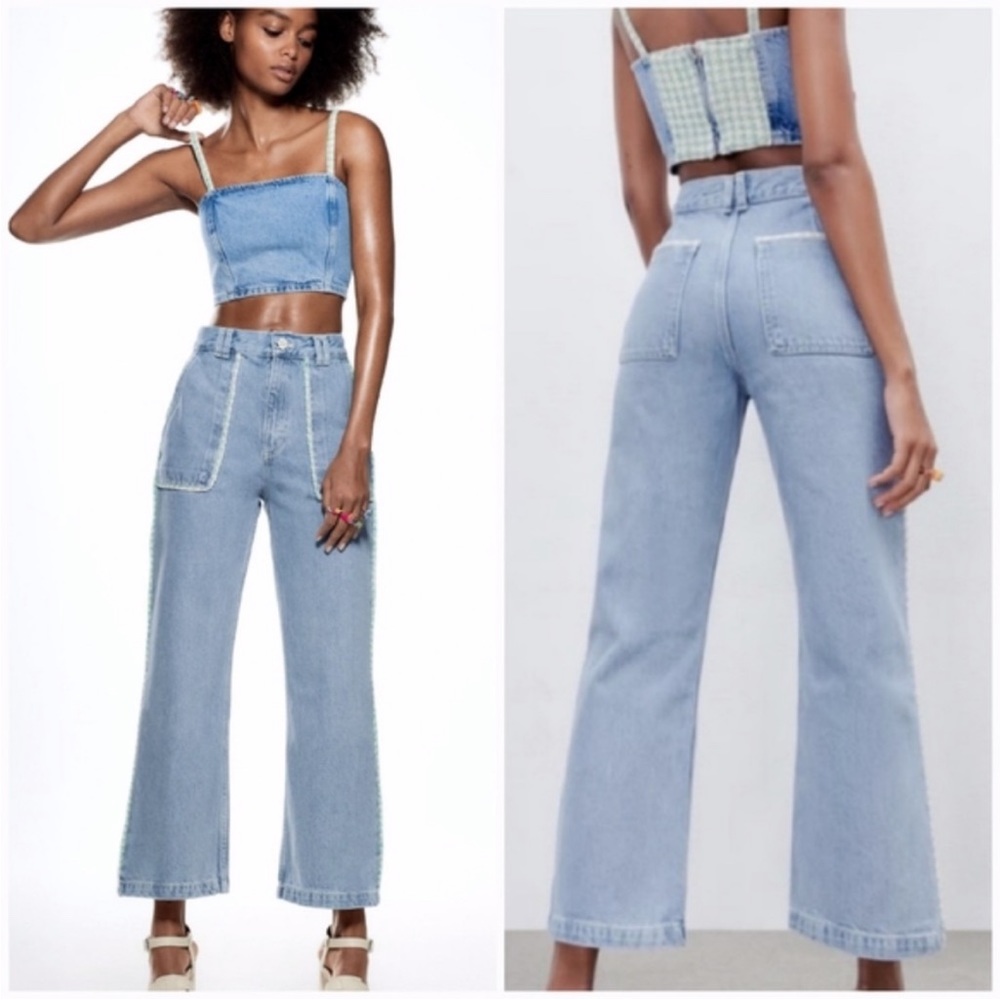 Zara High Rise Tweed Trim Crop Wide Leg Jeans NWT Size 6